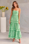Women's backless summer dress with square neck, suspender straps and side pockets in striped pattern