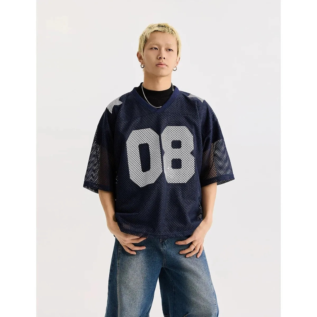 Black and navy blue half sleeve polyester shirt with loose pullover design