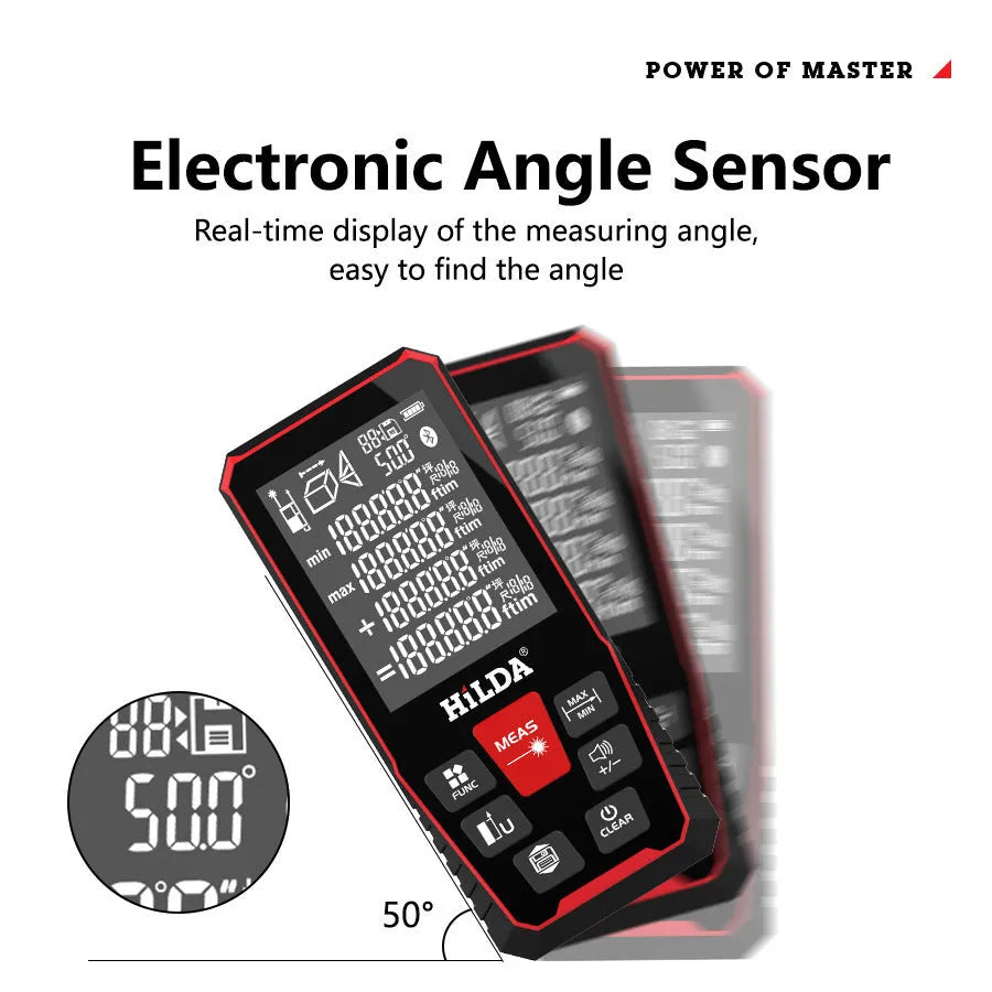 A handheld plastic laser rangefinder for measuring distances up to 120 metres.