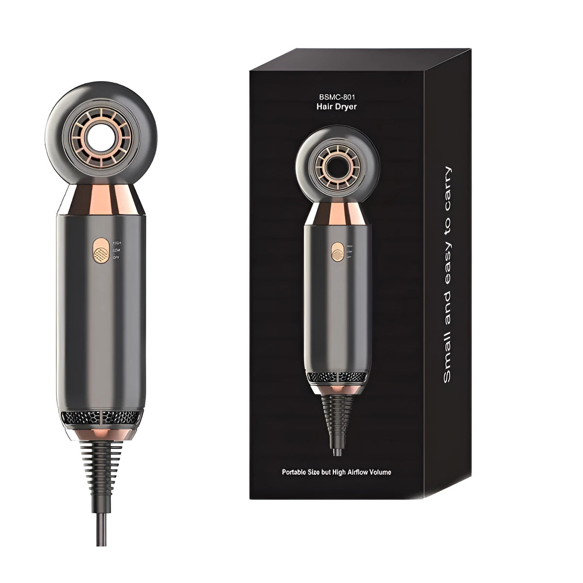 Compact leafless hair dryer with concentrator diffuser attachment on a white background.