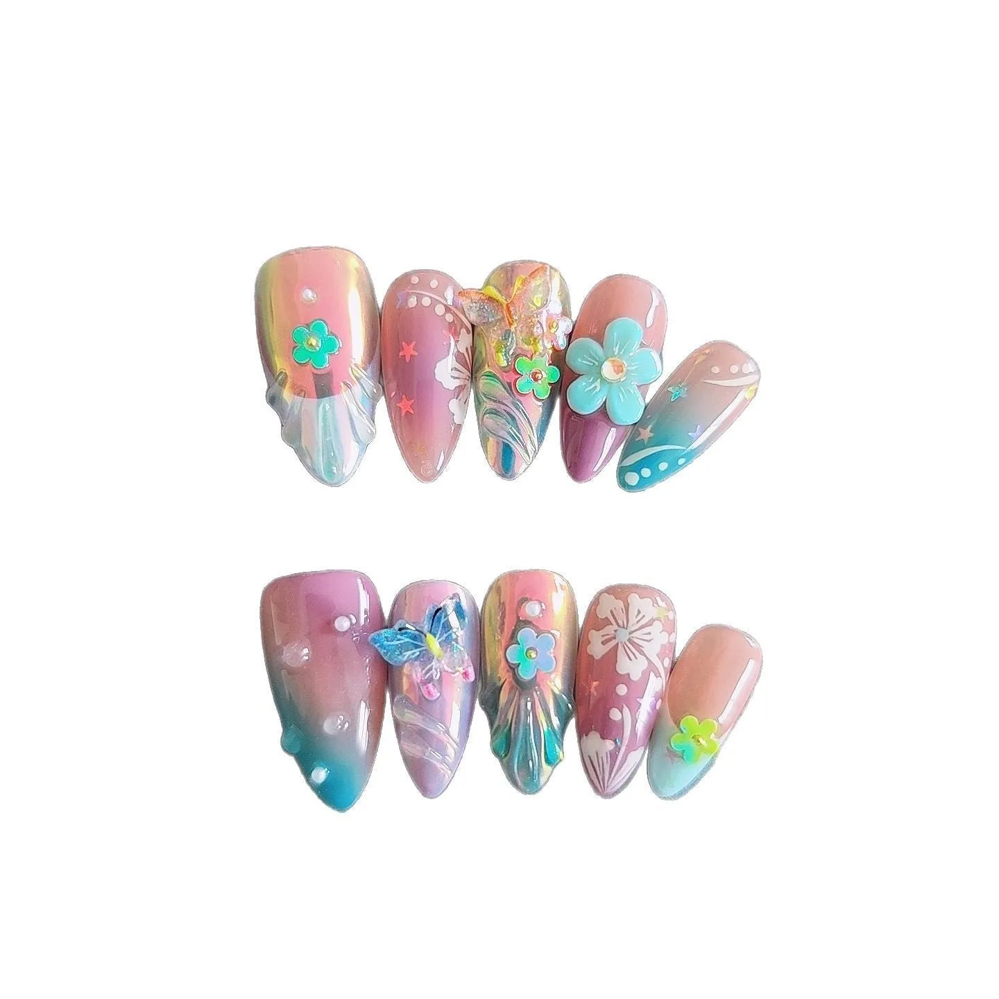Handmade floral and butterfly nail art sculptures for manicure decoration in almond shape.