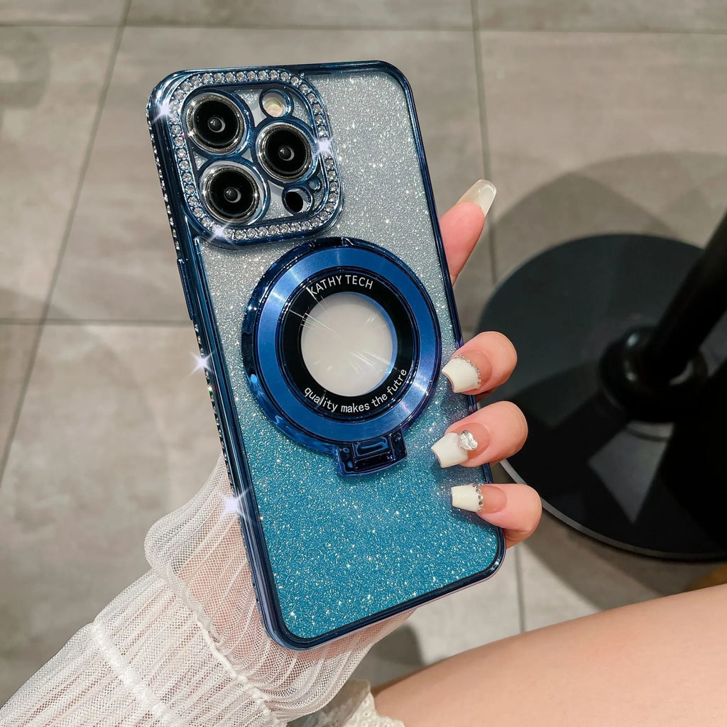 Glitter TPU electroplating magnetic bracket phone case for iPhone 15 Pro Max in purple colour