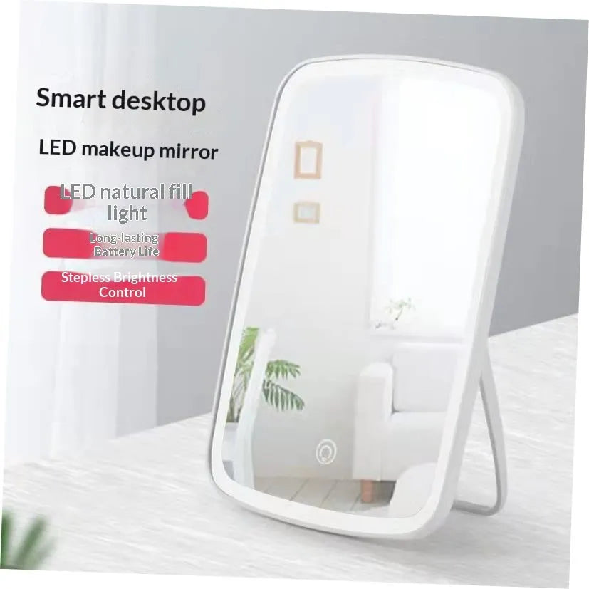 Simple desktop home LED makeup mirror with USB charging and ABS frame on a tabletop