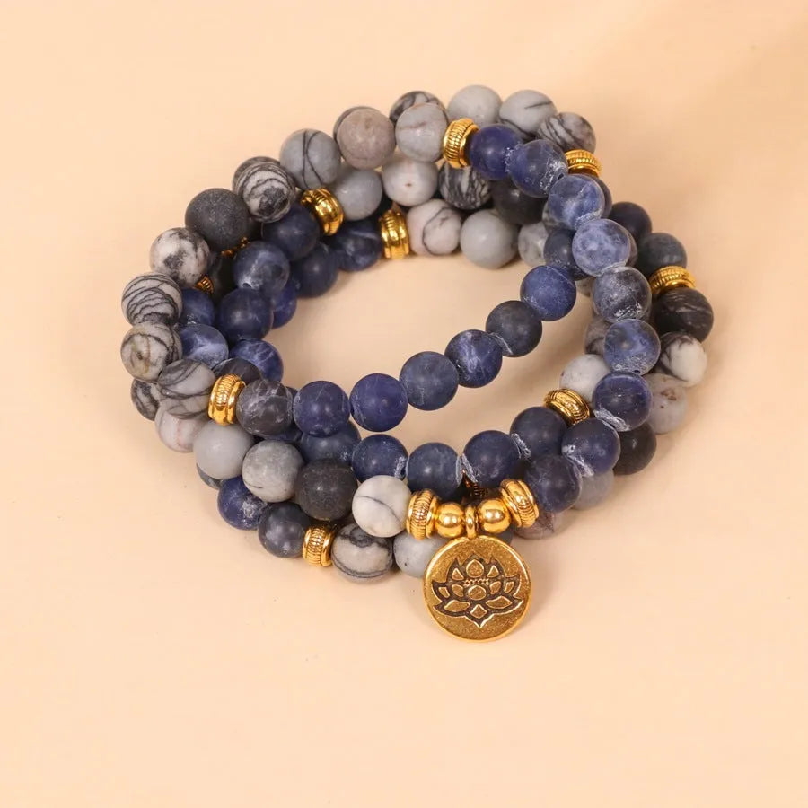 Blue patterned network stone bead multi-layer bracelet on alloy chains with fresh sweet style