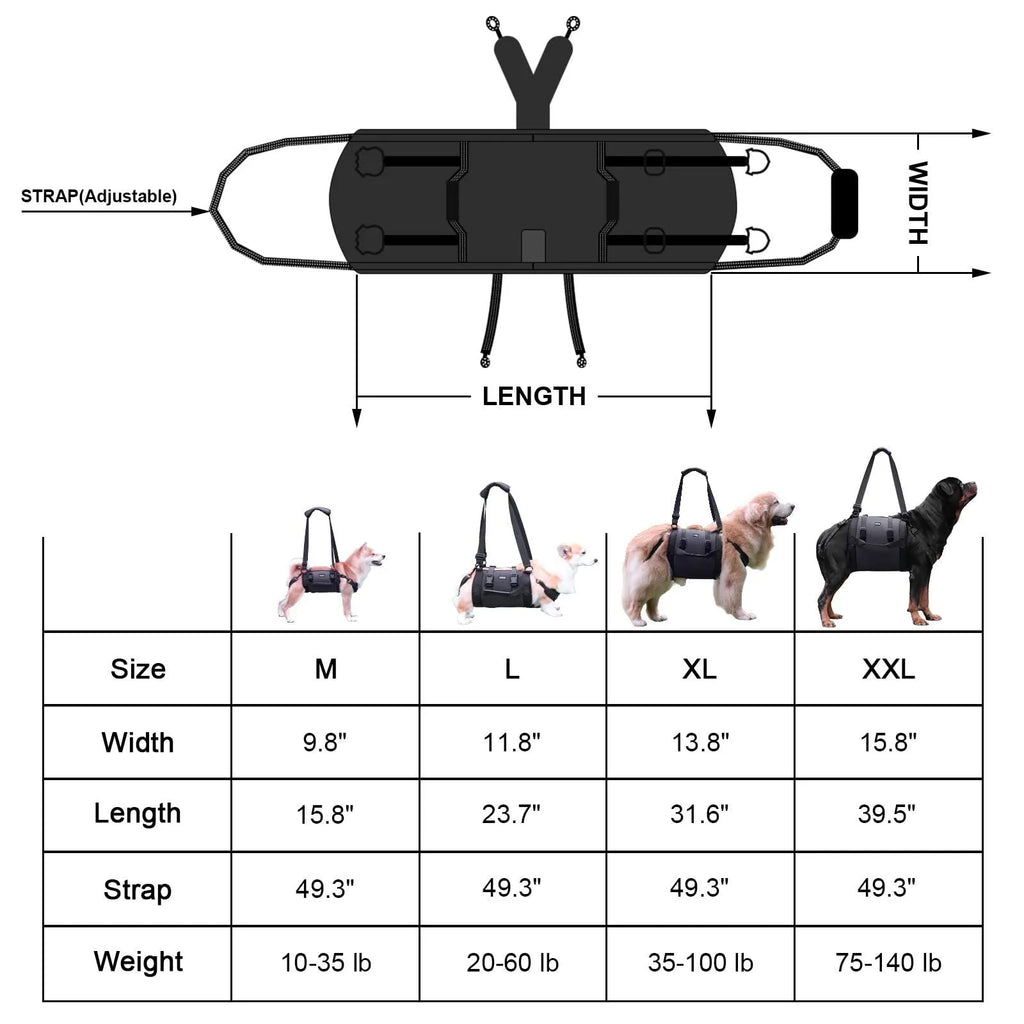 Black Oxford cloth dog harness with leg support design for rehabilitation and outdoor control
