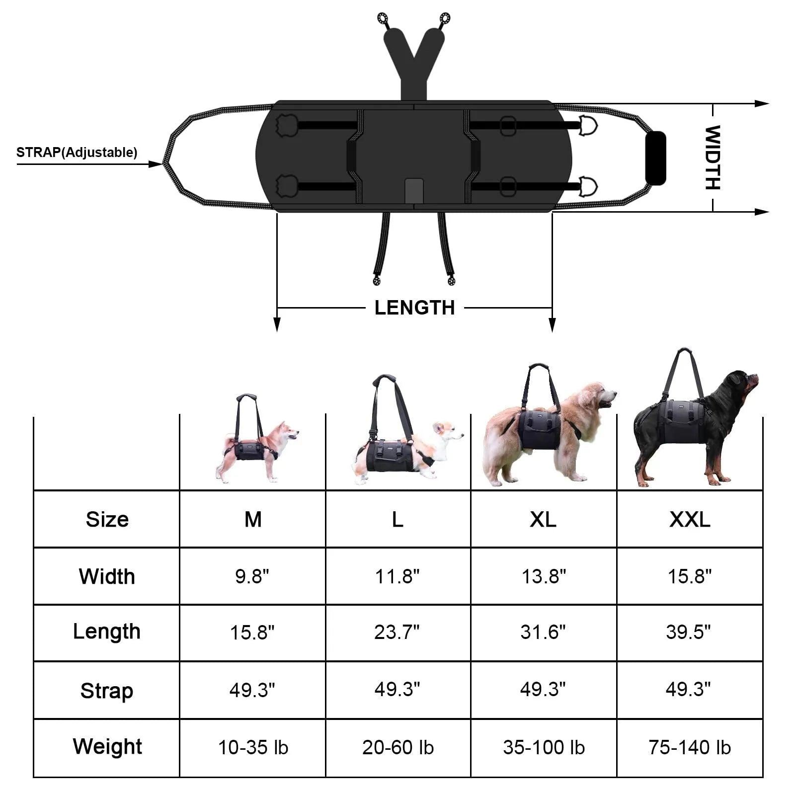 Black Oxford cloth dog harness with leg support design for rehabilitation and outdoor control