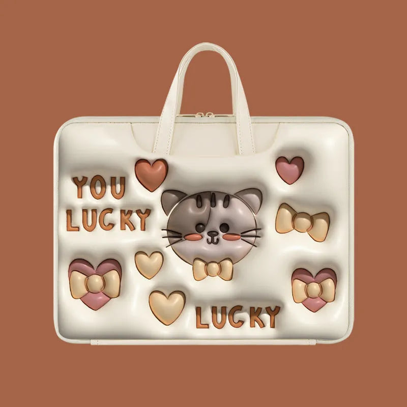 PU leather inflatable laptop bag with shoulder strap in Cat Beige colour, shown next to a laptop.