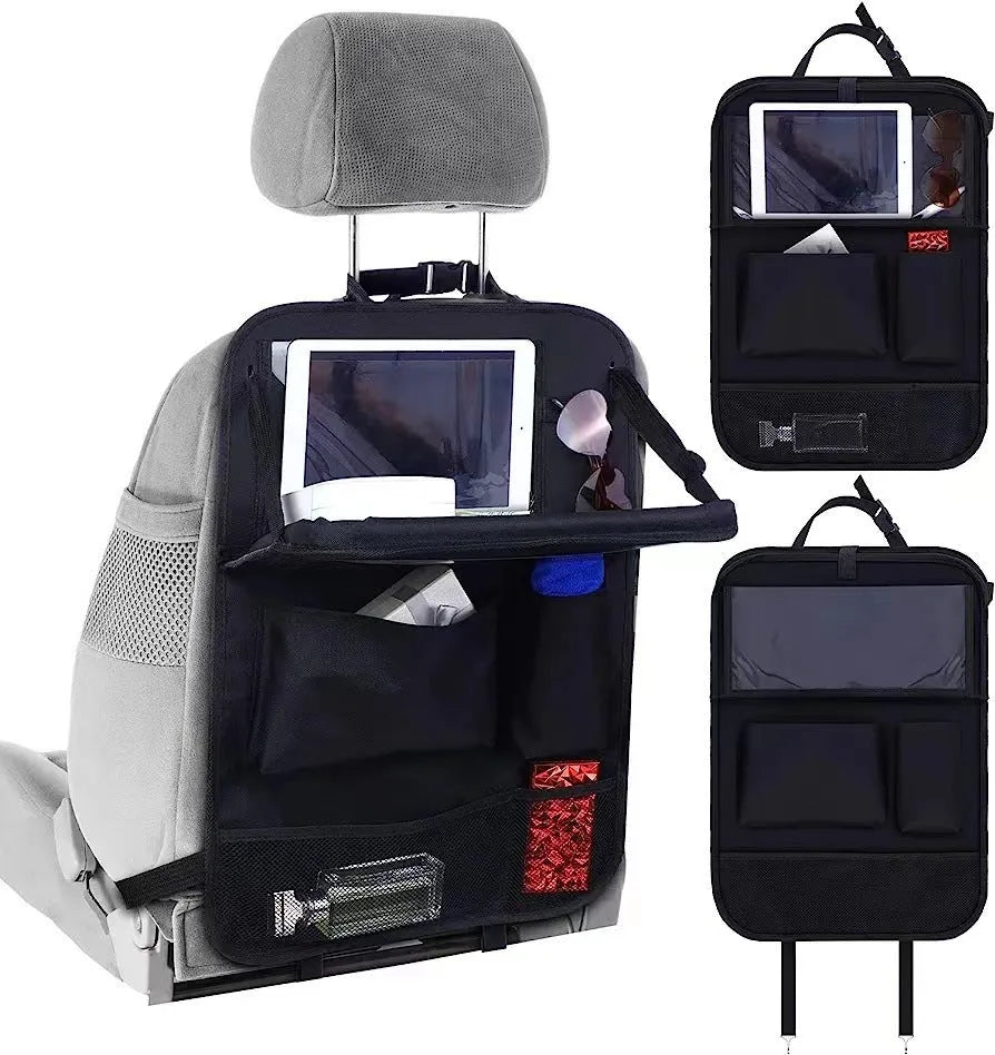 Black Oxford cloth car seat storage bag hanging on headrest with 42x30cm dimensions