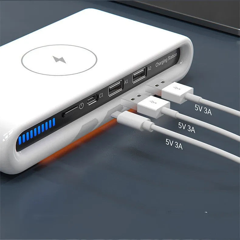 White desktop wireless charger with RGB atmosphere lighting showing phone charging on pad