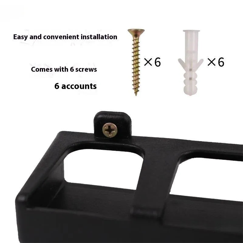 Black ABS plastic wall-mounted fishing rod storage rack with upright and horizontal mounting options