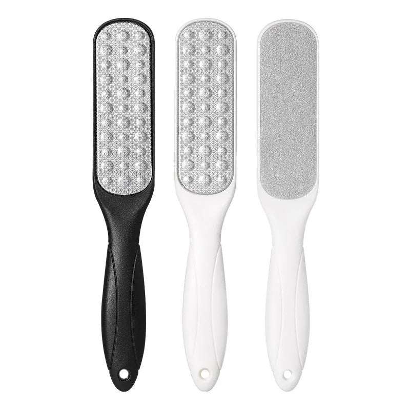 Stainless steel foot grinder with double-sided file, white and black foot gear pads.