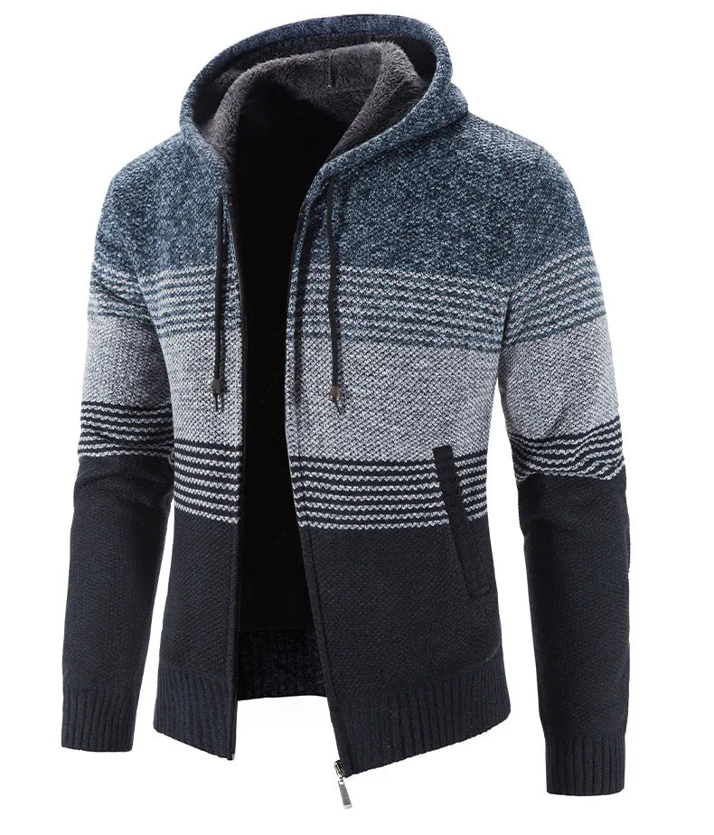 Hooded fleece thick cardigan sweater in dark gray for men, casual polyester outerwear
