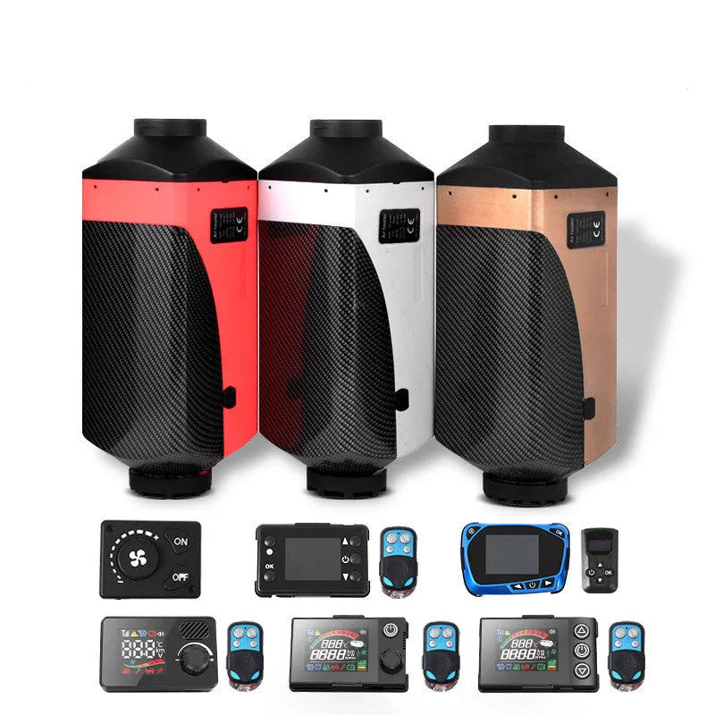 Red and black diesel air heater unit with wiring, oil pump, tank and fittings for vehicle installation.