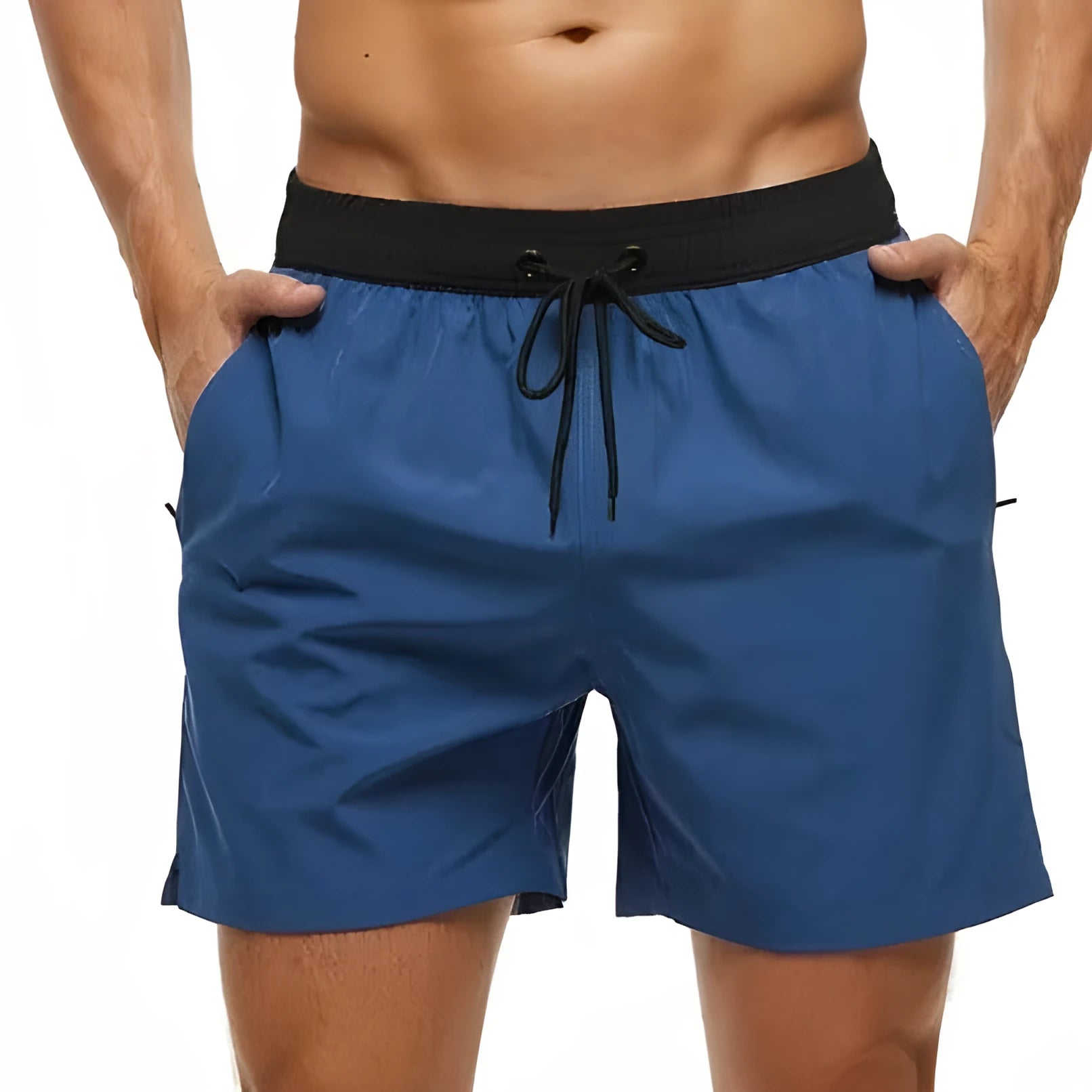 Men's blue athletic shorts with stitching waistband, drawstring and headband for running