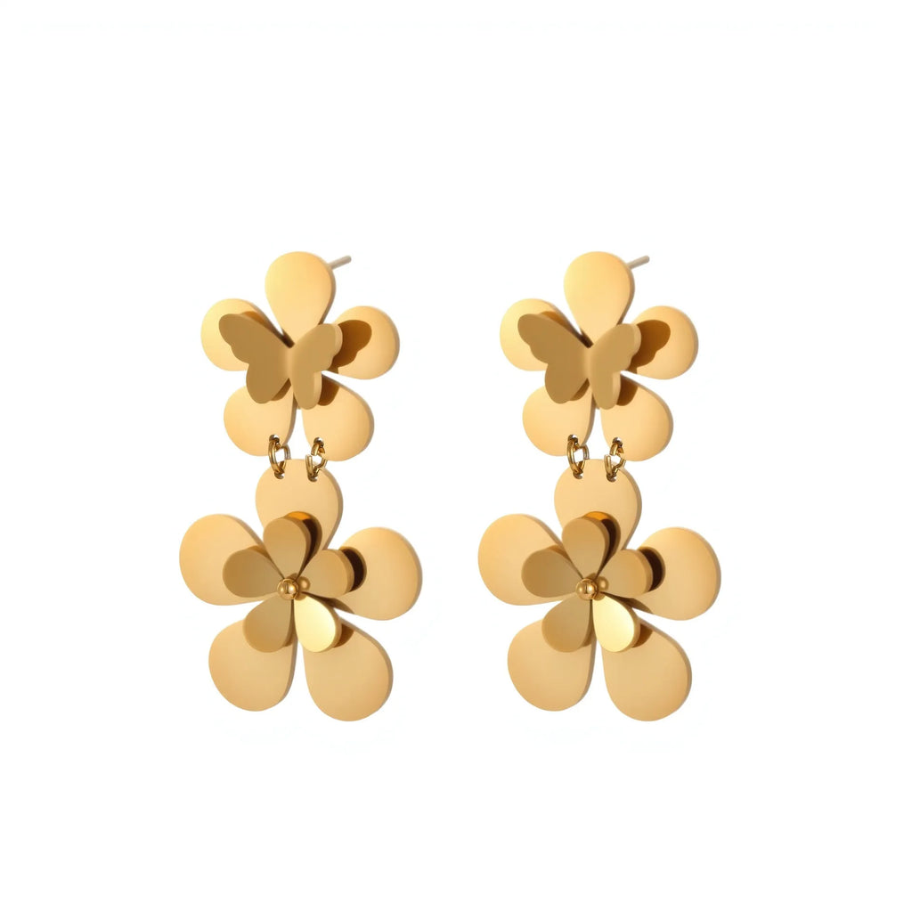 Gold-coloured flower butterfly earrings with geometric design elements on stainless steel