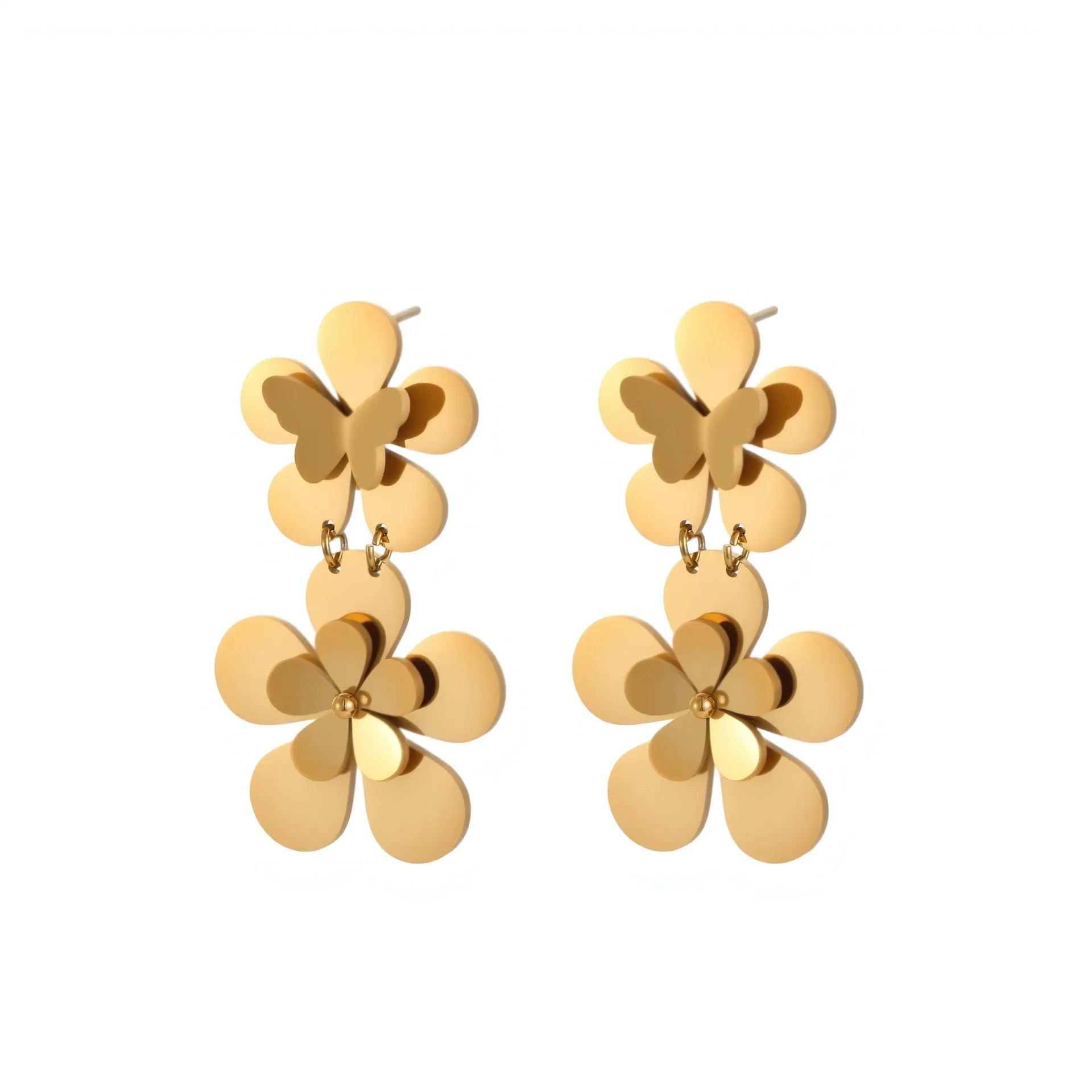 Gold-coloured flower butterfly earrings with geometric design elements on stainless steel