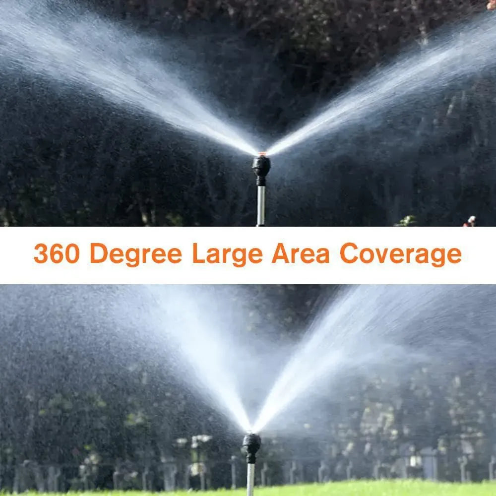 Retractable automatic rotating sprinkler tripod with stainless steel nozzle, 1/2 inch thread, 15°-360° adjustable angle.