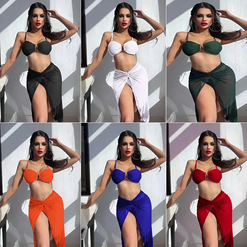 French-style multicolour bikini three-piece set with long culottes construction