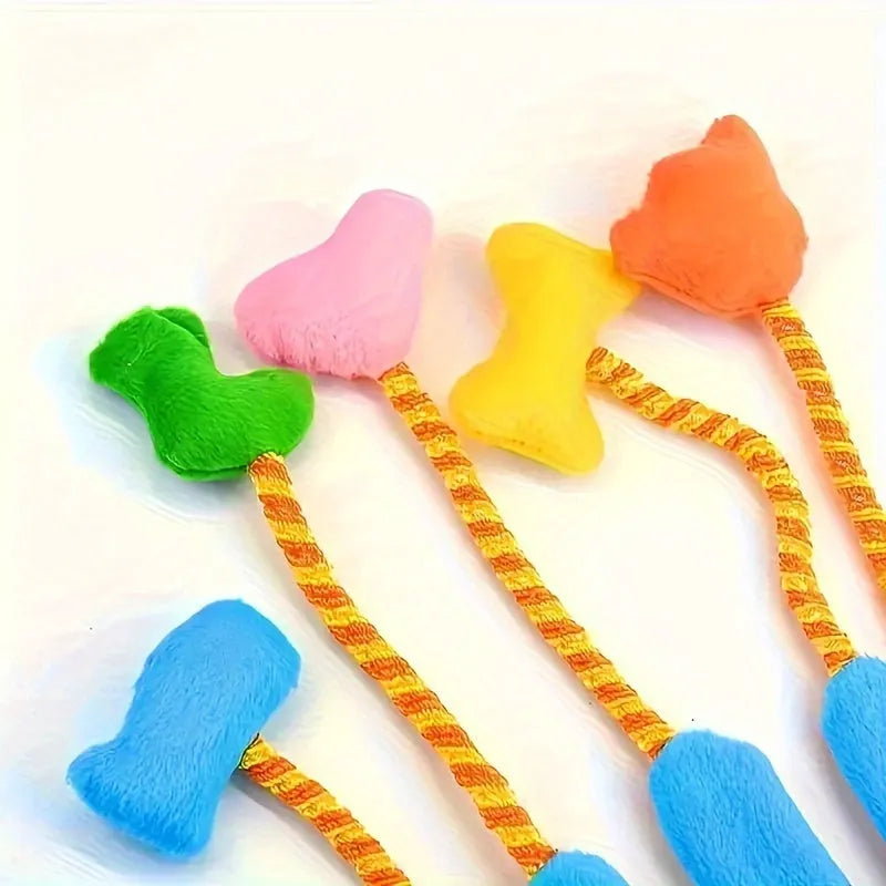 Yellow and blue plush glove cat toy with integrated bell, shown with dimensions 40cm by 11cm