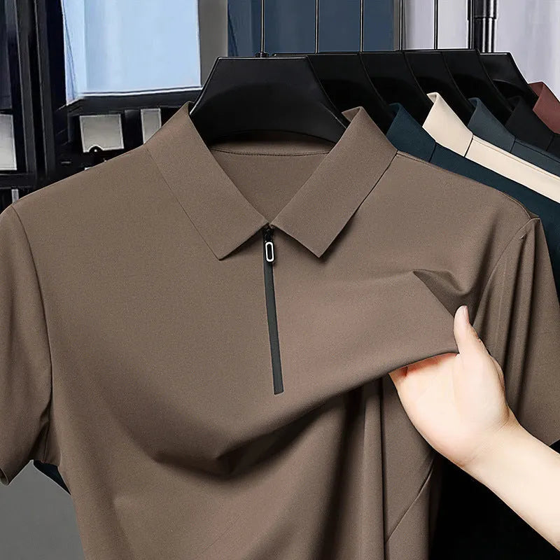 Men's half-zip seamless polo shirt in solid colour showing short sleeves and zip front, lightweight summer fabric