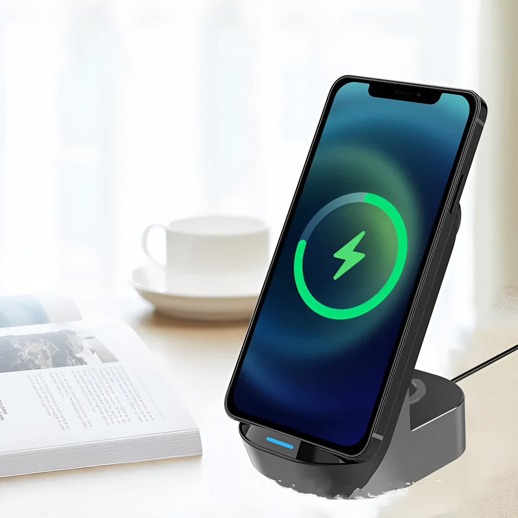 Dark grey foldable 3-in-1 wireless charging stand with phone, watch and earbuds charging simultaneously