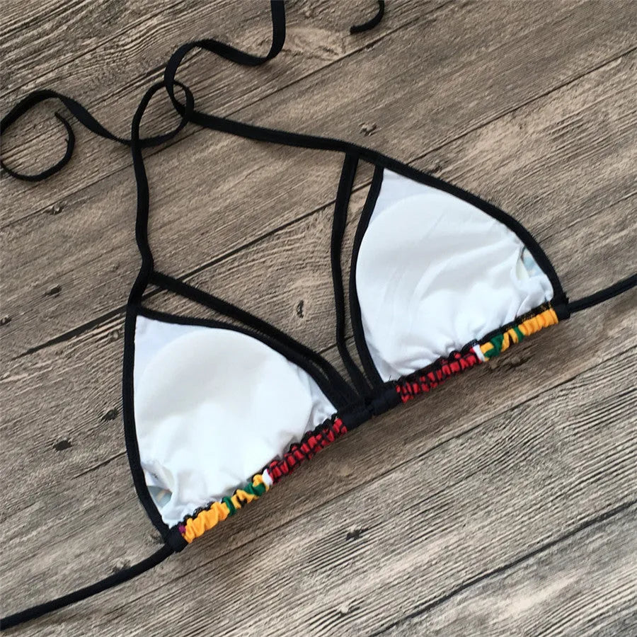 Women's digital print bikini swimsuit with high-waist briefs and backless top