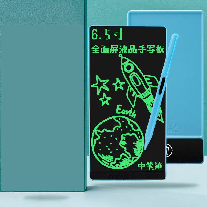 Blue 6.5 inch LCD handwriting board for student writing and arithmetic practice on a desk