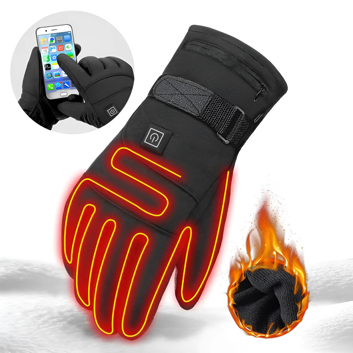 Pair of black electric heated gloves with touchscreen fingertips and zipped battery pocket, 28 cm length.