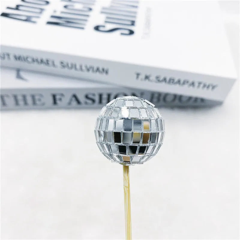 Glass mirror ball cake decoration on wooden stick in four size options for celebration cakes