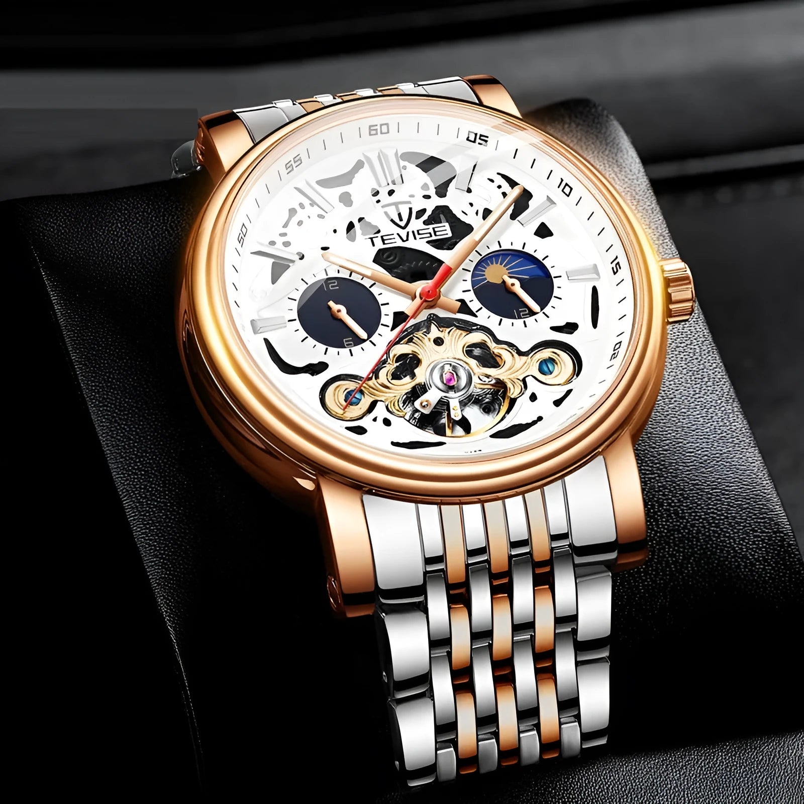 Men's waterproof mechanical watch with luminous tourbillon design in black colour option