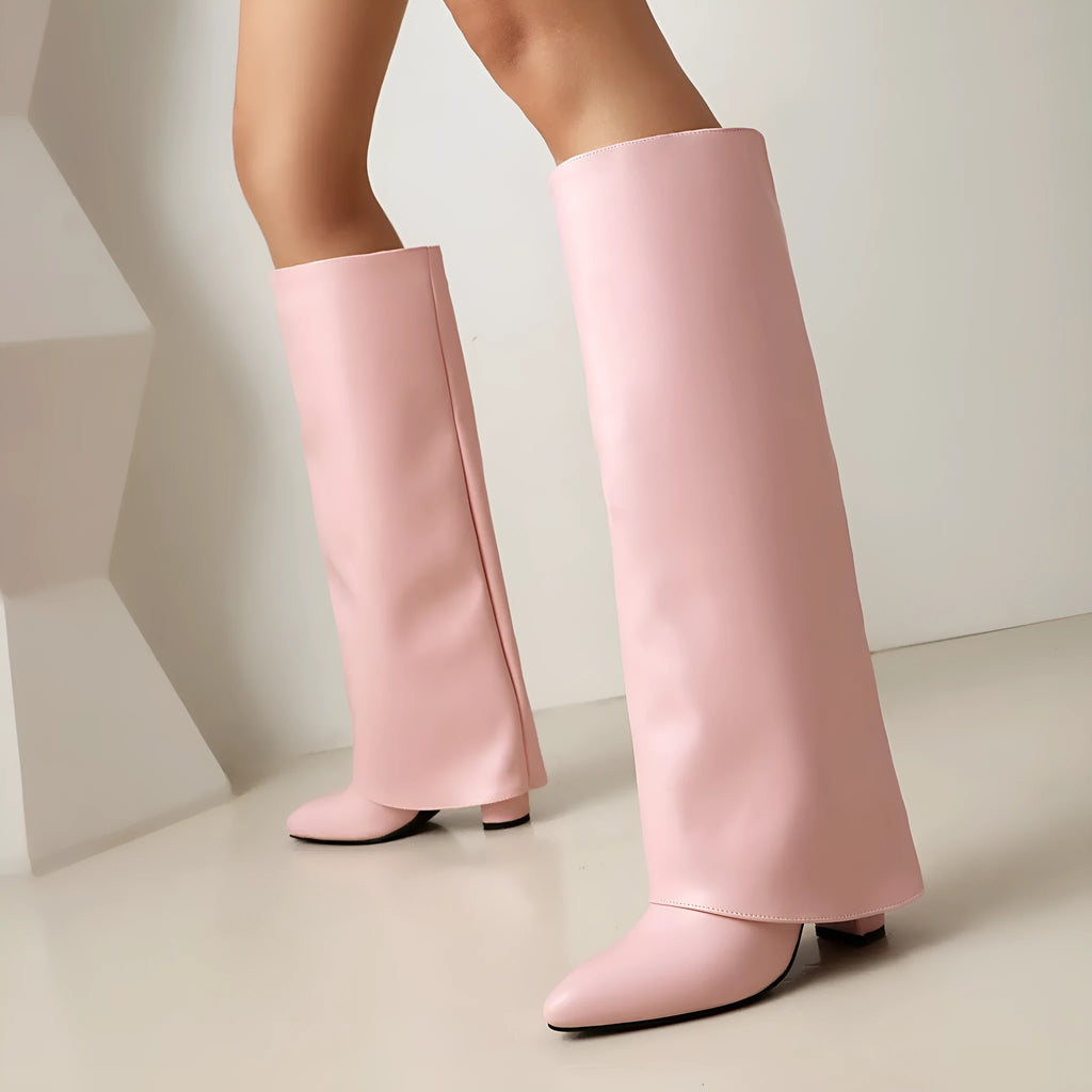 Women's black thick high heel winter boots with decorative stitching and high shaft