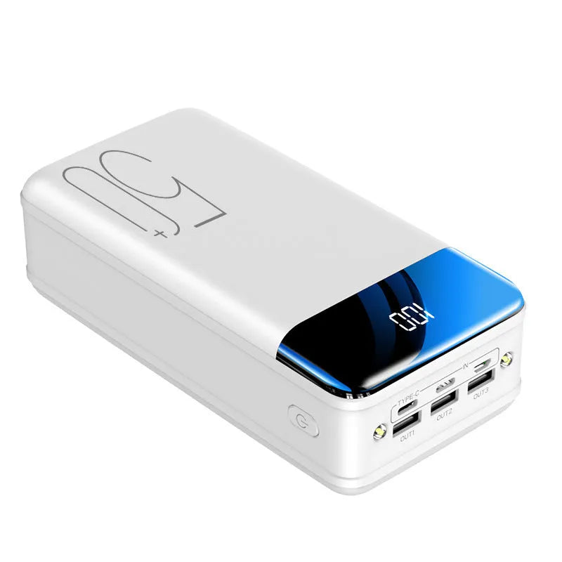 Large 50000mAh capacity power bank with three output ports in black plastic casing