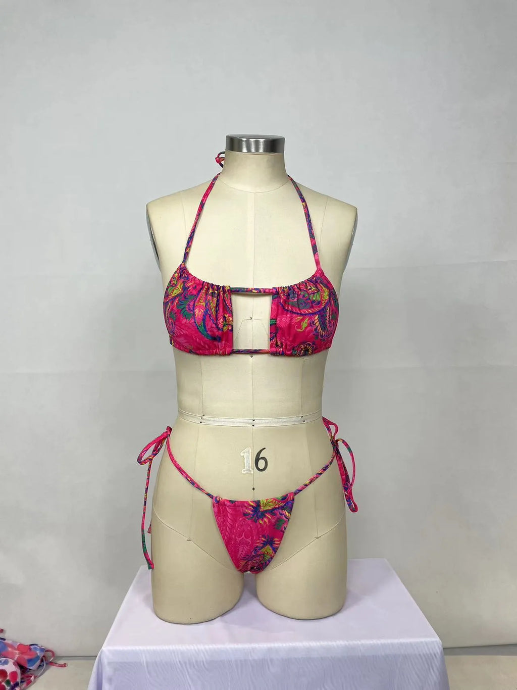 Pink printed two-piece bikini set in nylon with 22% lining, sizes S to XL