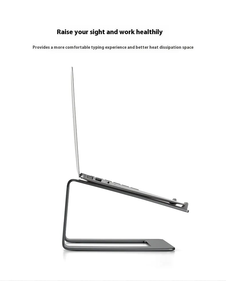 Black aluminium alloy laptop stand on a desk, showing its wide base plate and elevated height.