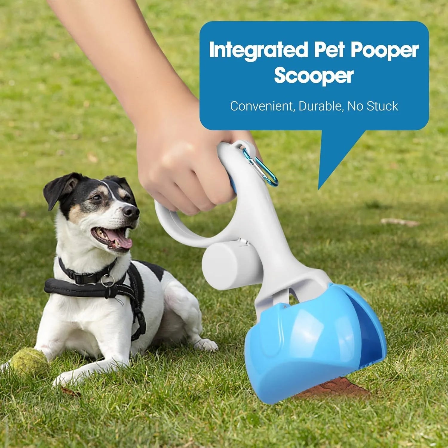Blue ABS plastic pet pooper scooper with integrated trash bag holder and top carry hook.