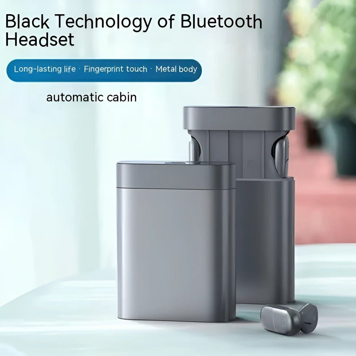 Silver gray wireless Bluetooth headset with charging compartment power bank, 74x28x95mm, LOOP T6