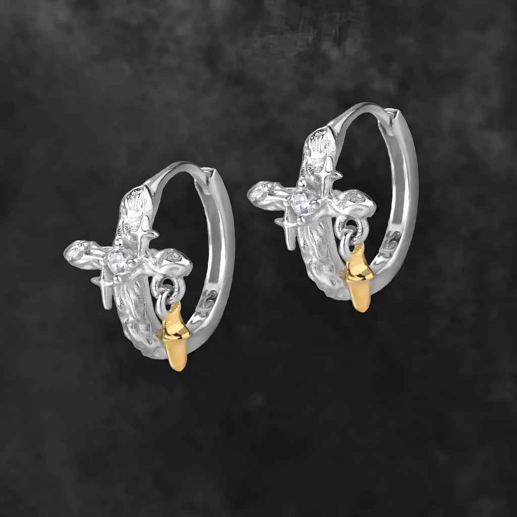 Geometric cross earrings with round elements in sterling silver with white gold colour finish