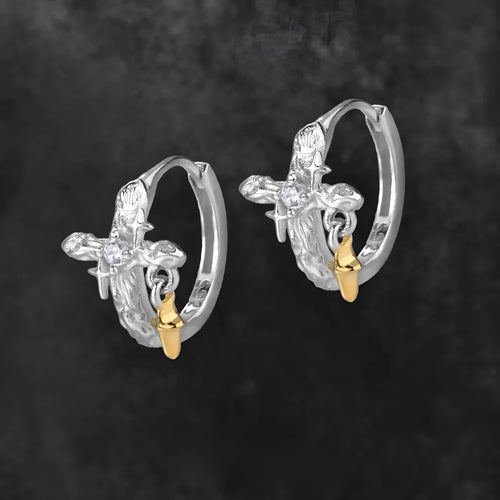 Geometric cross earrings with round elements in sterling silver with white gold colour finish