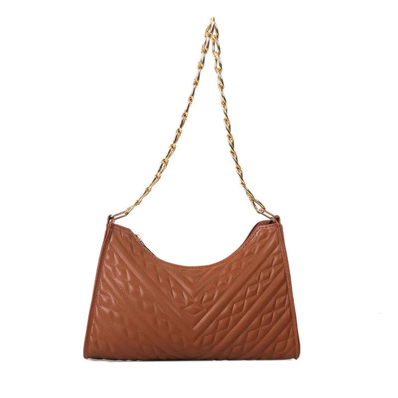 Brown pleated chain baguette shoulder bag showing vertical square shape and adjustable strap
