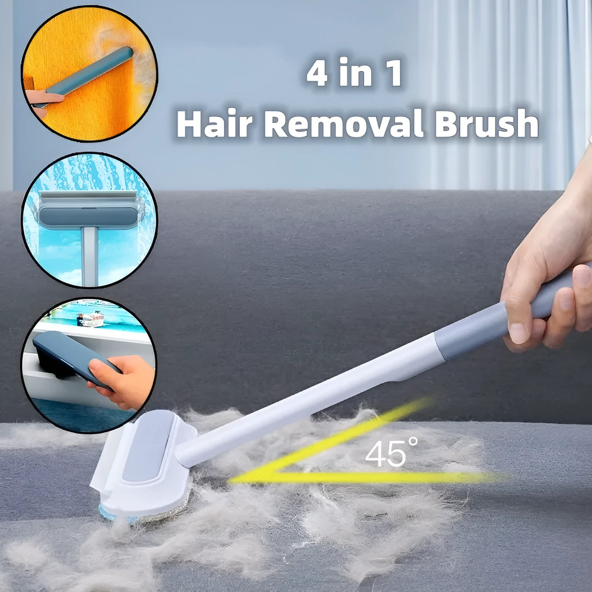 4-in-1 multifunctional hair removal brush with flannel surface, plastic handle, 45 x 18cm, for pet hair and screen cleaning