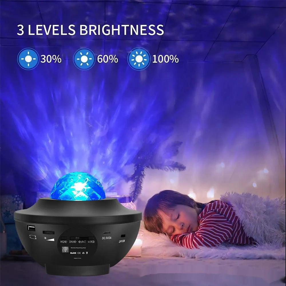 Black parallel style starry sky projection lamp with Bluetooth and rotating water ripple effects