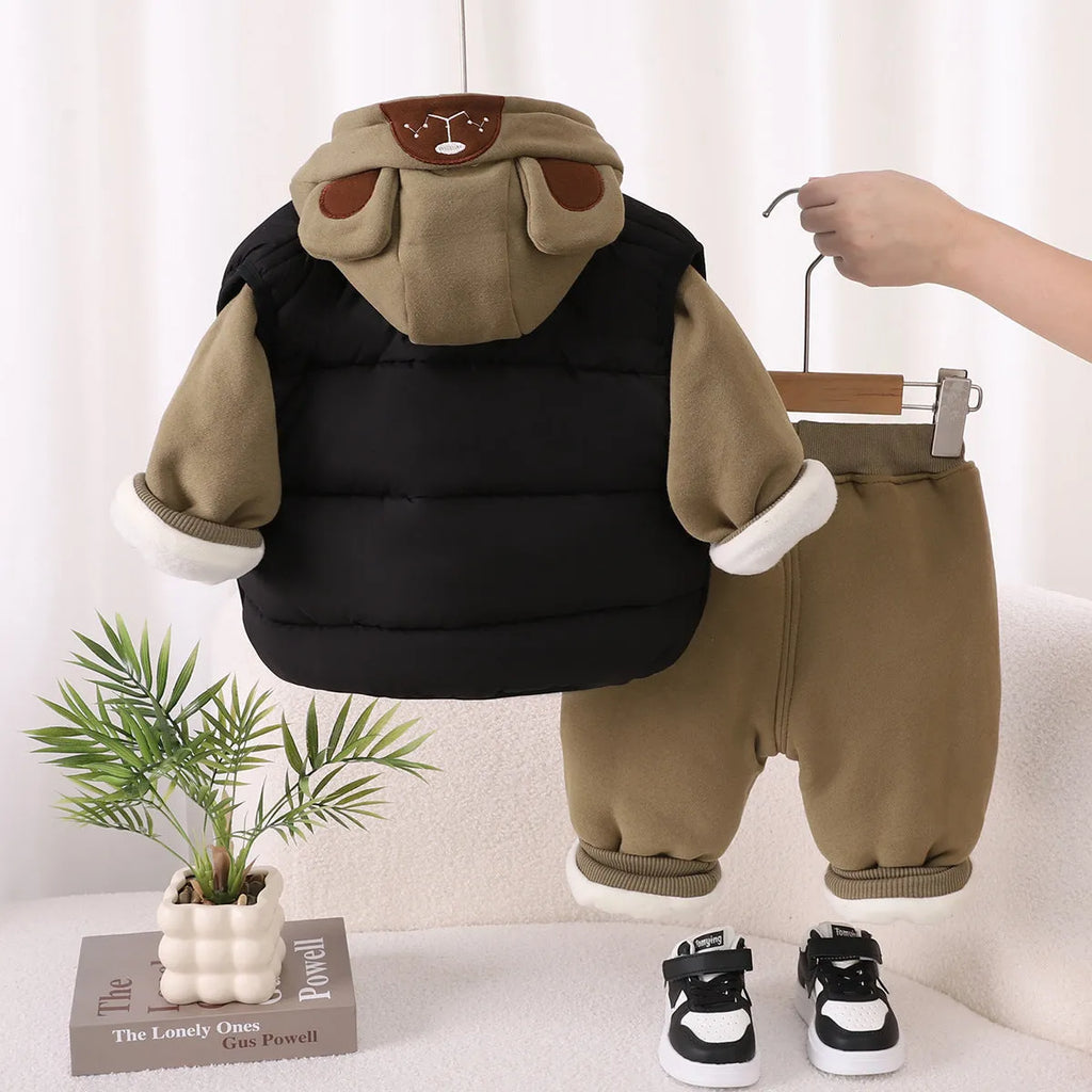 Beige khaki and green boys fleece lined cotton three piece suit with hooded top, trousers, and vest