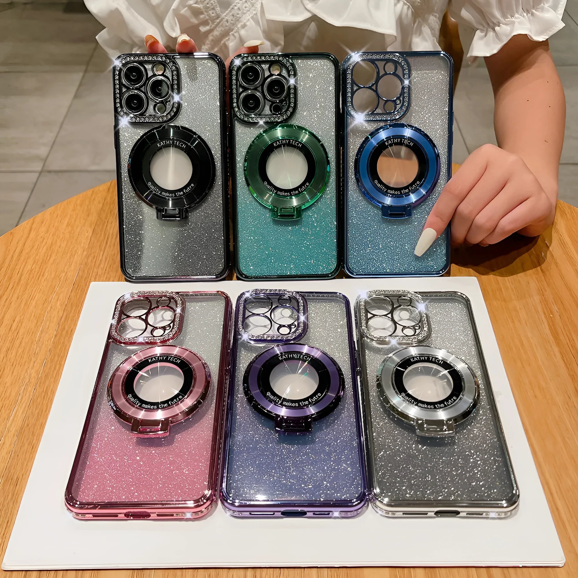 Glitter TPU electroplating magnetic bracket phone case for iPhone 15 Pro Max in purple colour