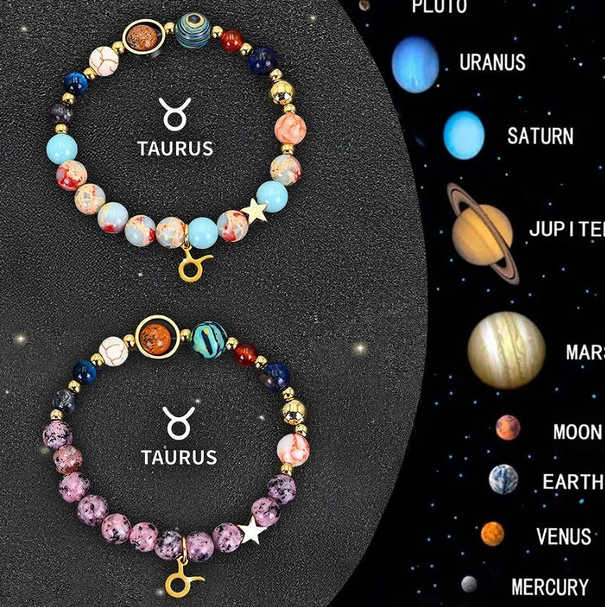 Set of twelve natural stone beaded bracelets, each showing different Chinese zodiac animal designs with adjustable closures