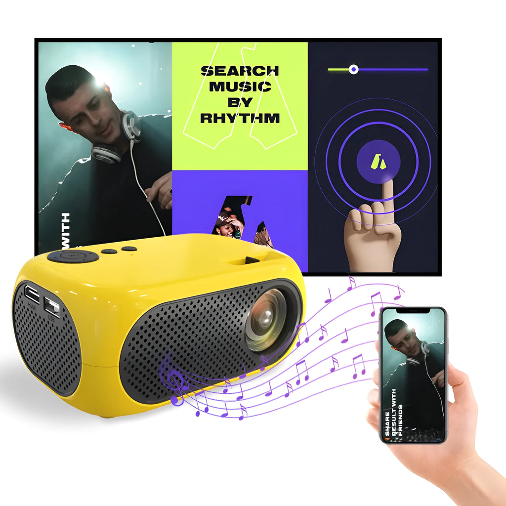 M24 micro mini portable LED projector in gold or white with power adapter and AV cable