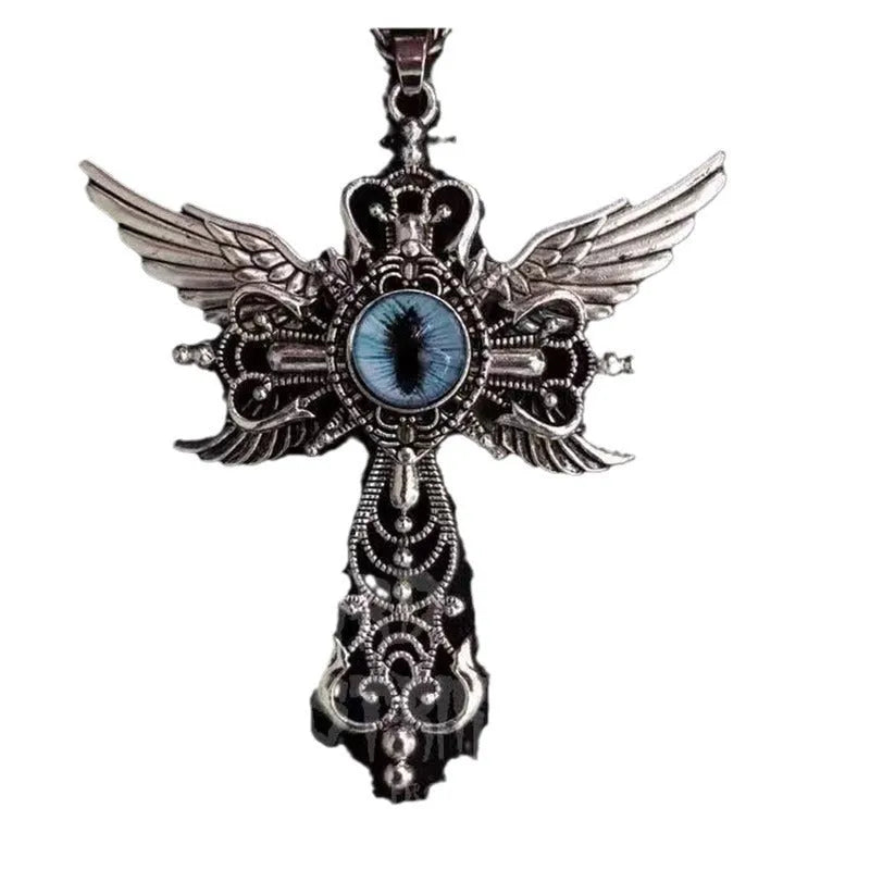 Alloy devil wings and cross geometric pendant necklace on a chain in blue, green, purple, red, and yellow colour options.