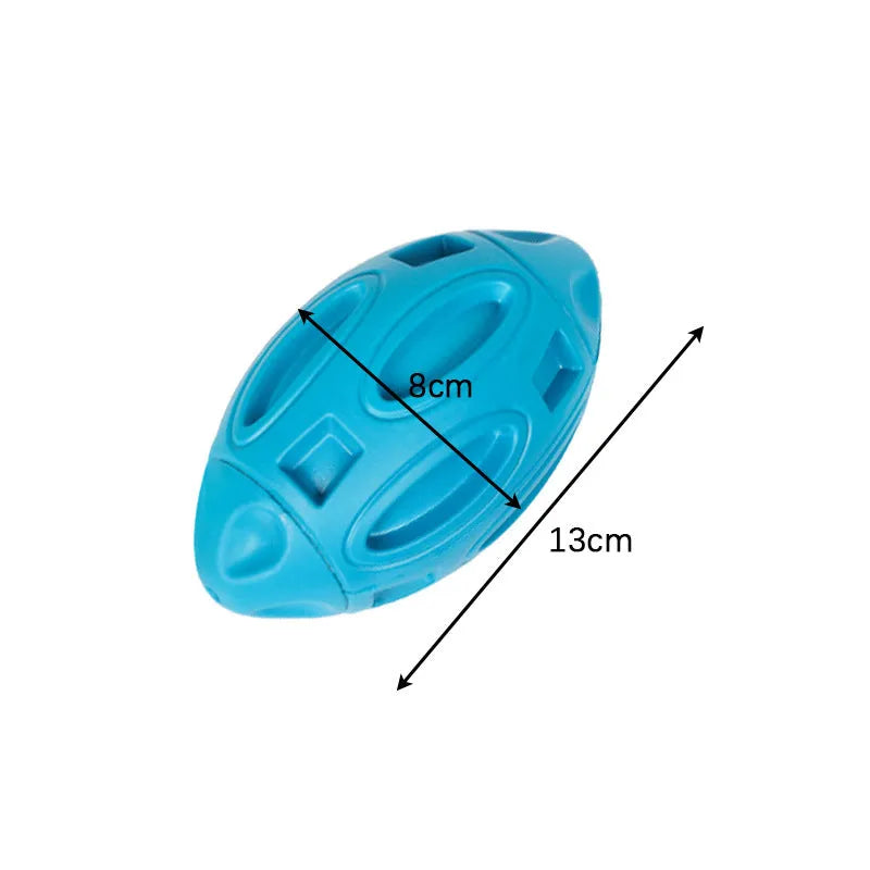 Blue, green, and orange natural rubber squeaky dog toy ball with surface grooves for medium/large breed dogs.