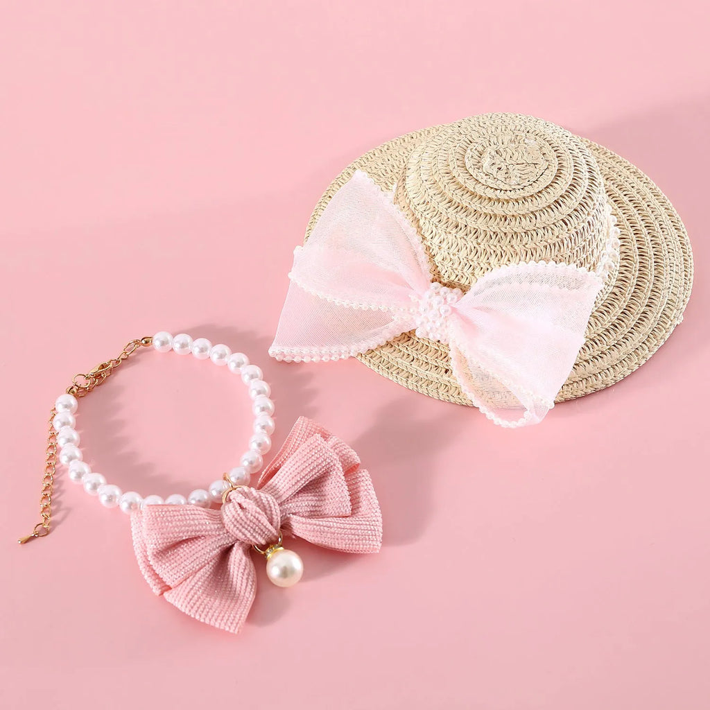 Woven Lafite leaves cat hat in princess style with pearl butterfly decoration for pet fancy dress
