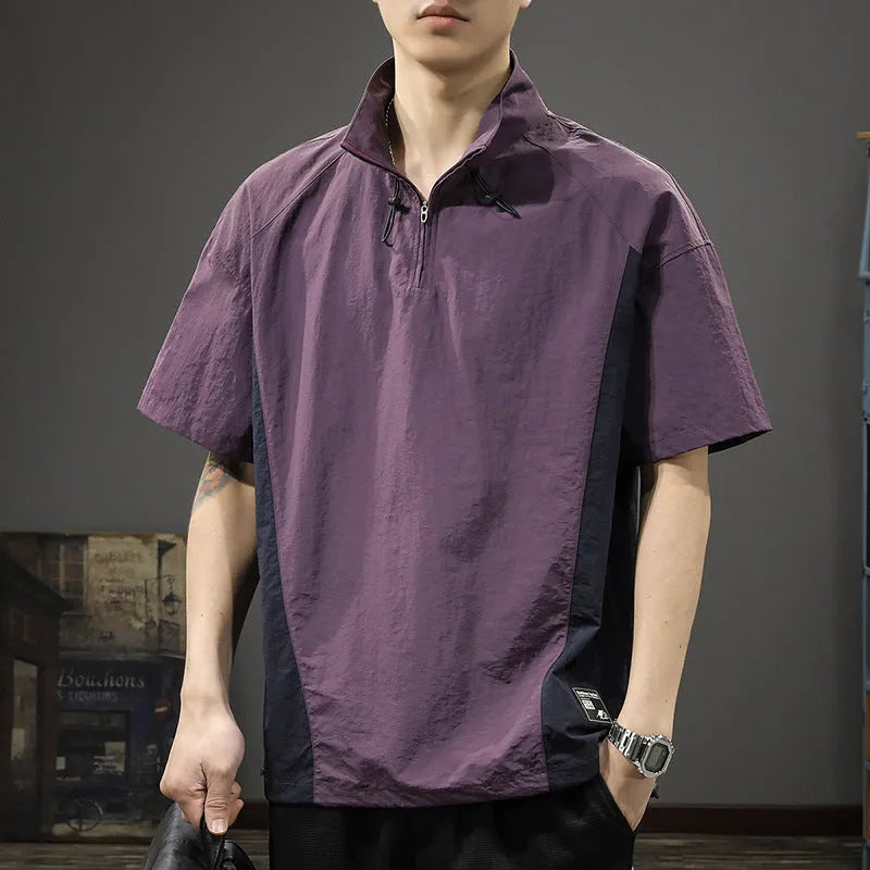 Men's brown half zip stand collar shirt with short sleeves and loose fit for summer business casual wear