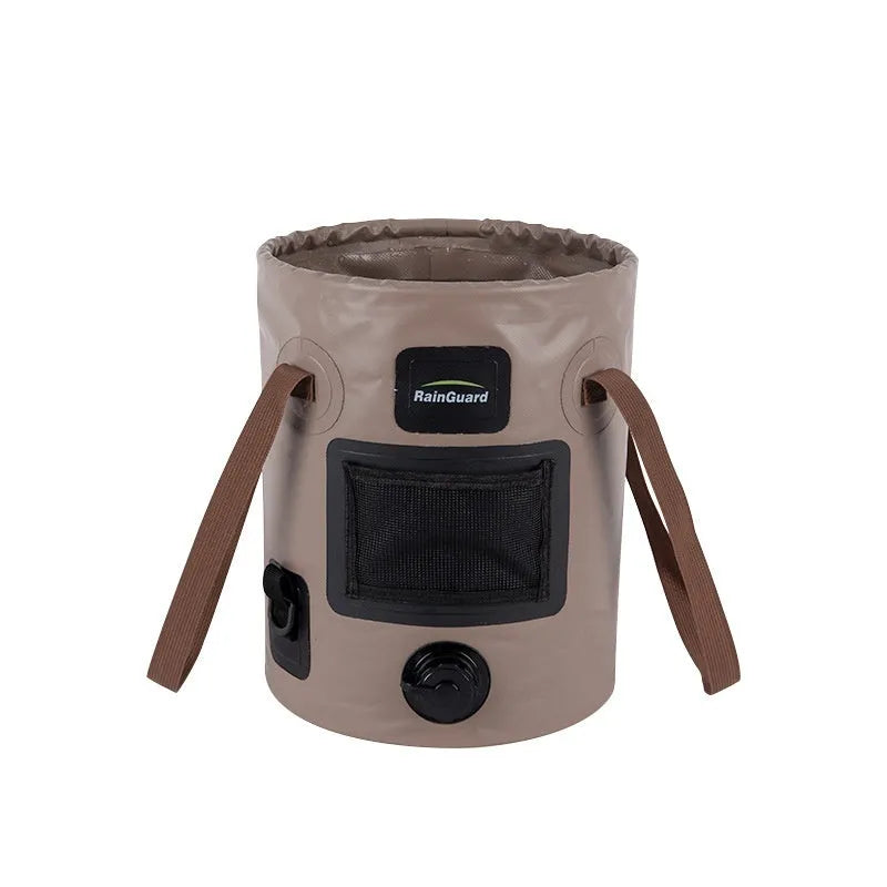 25 litre folding fishing bucket in lemon yellow, orange, coral, green, or blue with optional mesh net pocket